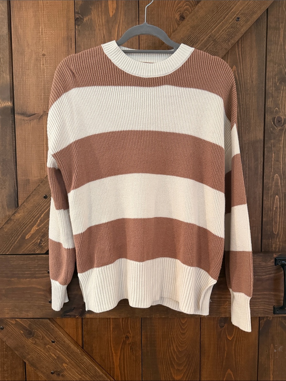 moon & madison Striped Crewneck Sweater in Cream and Brown